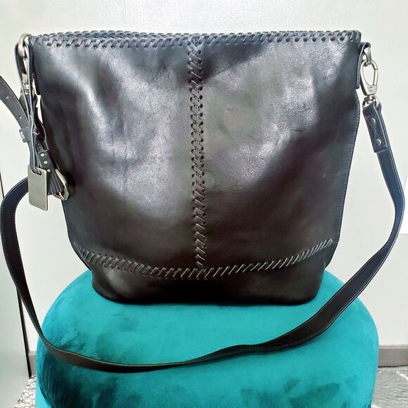 Trask Black Leather Bag Purse Tote Laced Seams Cotton Lined Shoulder Strap